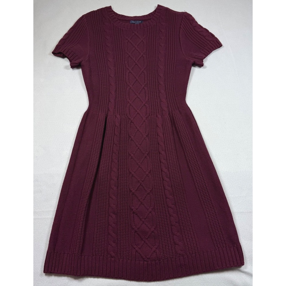 Tommy Hilfiger Burgundy Cable Knit Short Sleeve Fit Flare Sweater Dress Womens